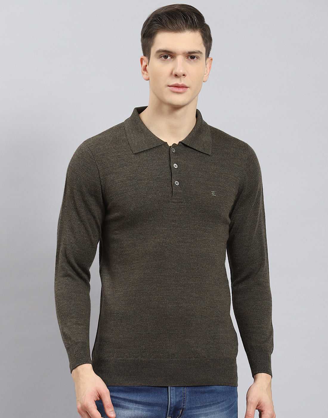 Men Olive Solid Polo Collar Full Sleeve T-Shirt