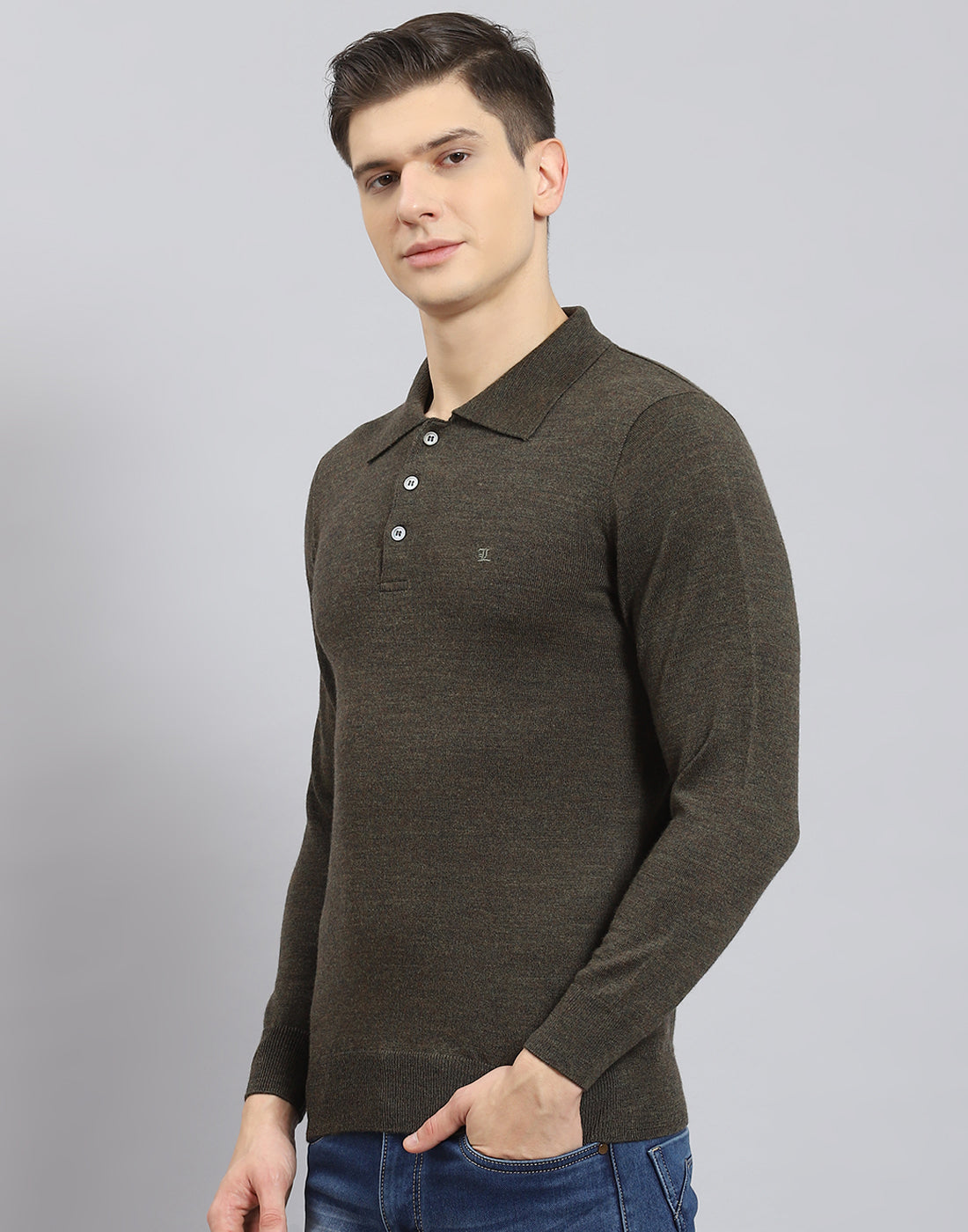 Men Olive Solid Polo Collar Full Sleeve T-Shirt