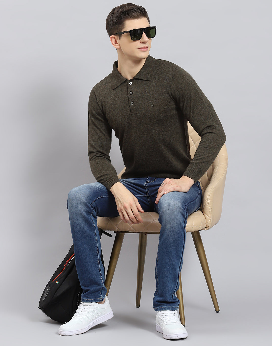 Men Olive Solid Polo Collar Full Sleeve T-Shirt