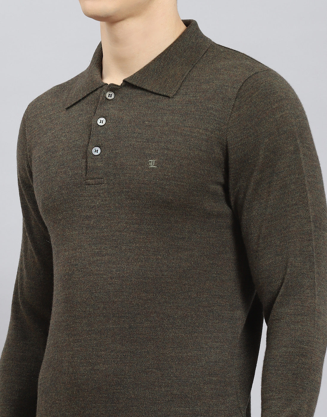 Men Olive Solid Polo Collar Full Sleeve T-Shirt