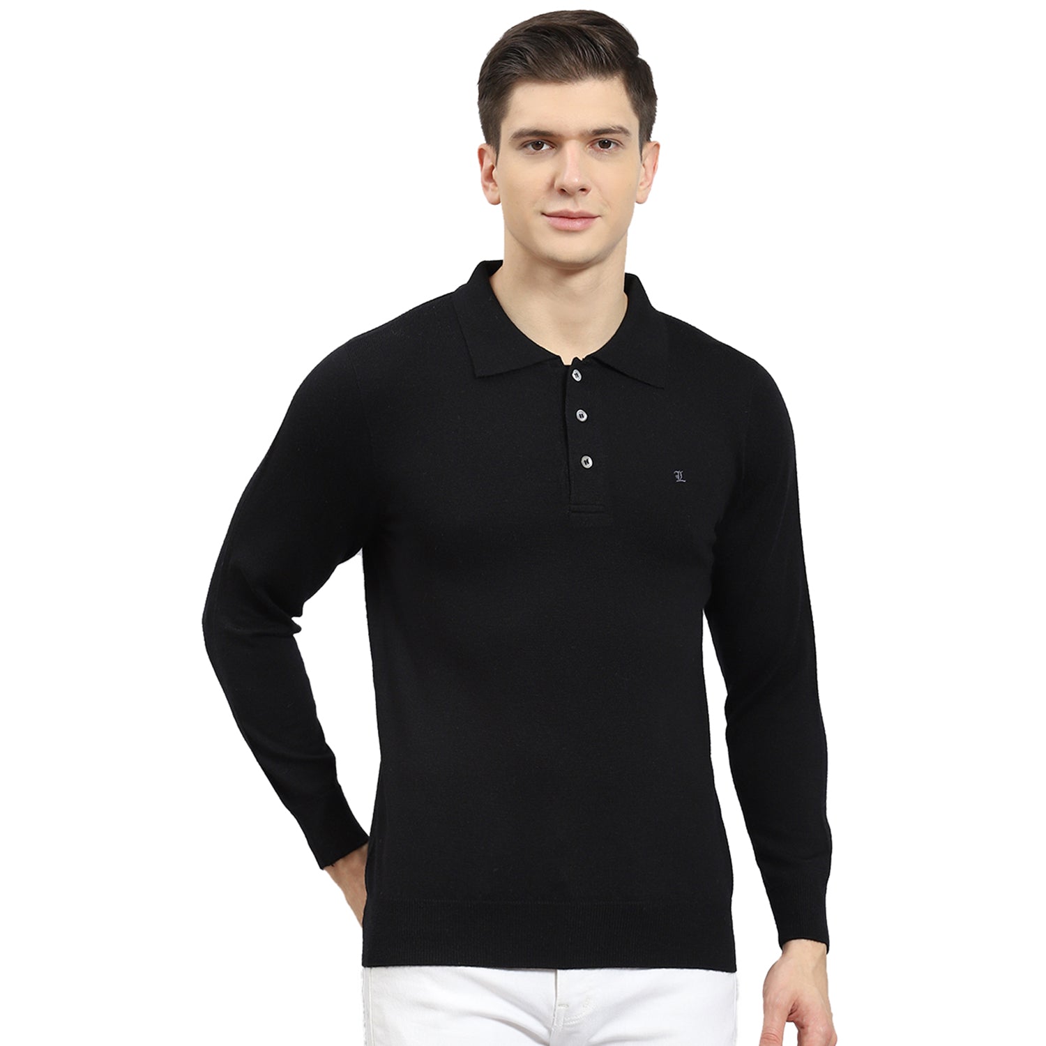 Men Black Solid Polo Collar Full Sleeve T-Shirt