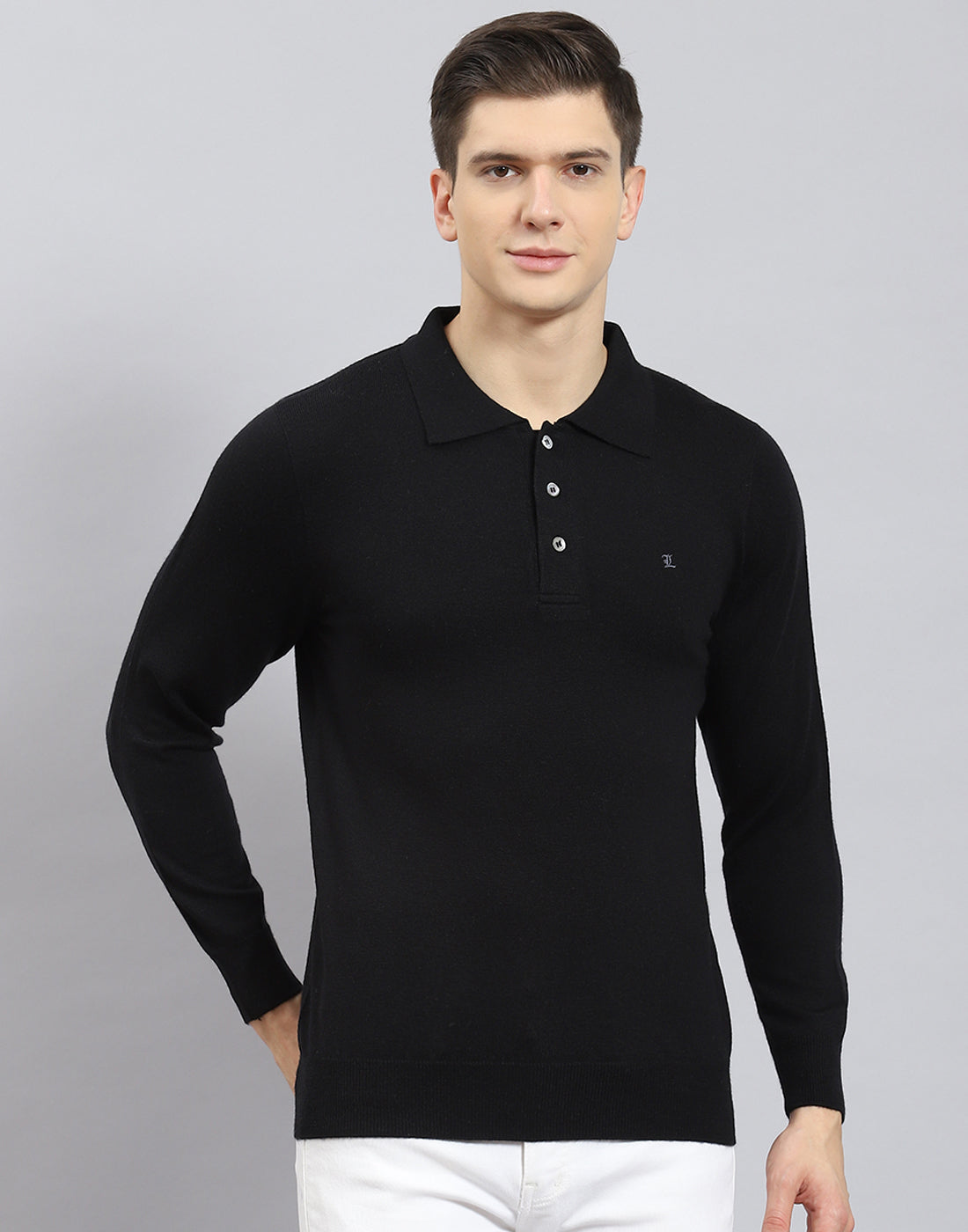 Men Black Solid Polo Collar Full Sleeve T-Shirt