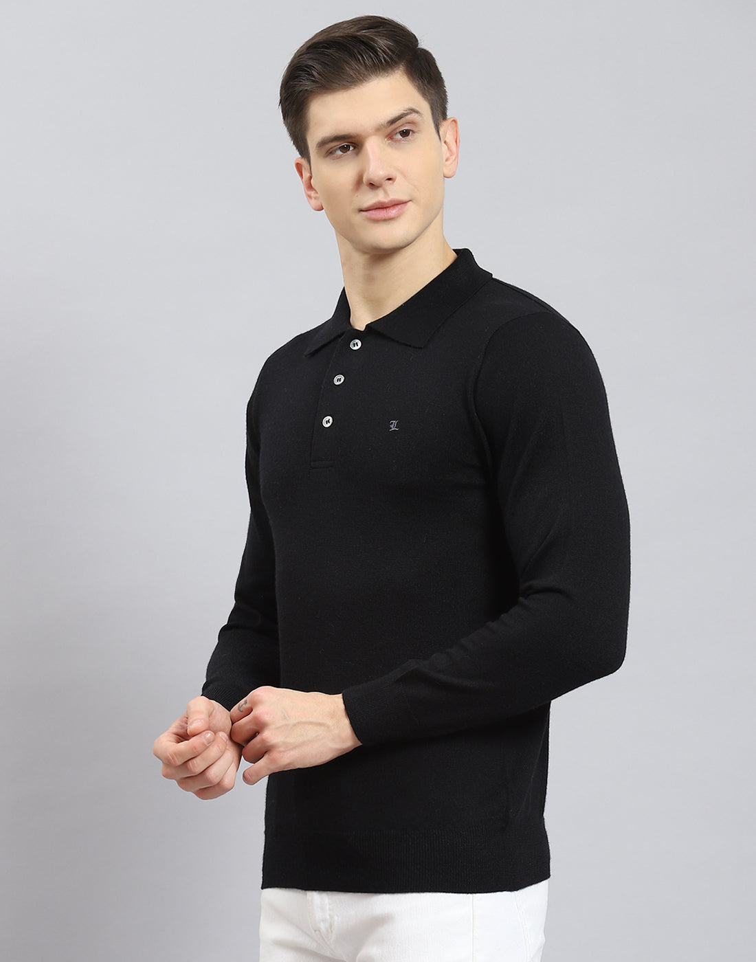 Men Black Solid Polo Collar Full Sleeve T-Shirt