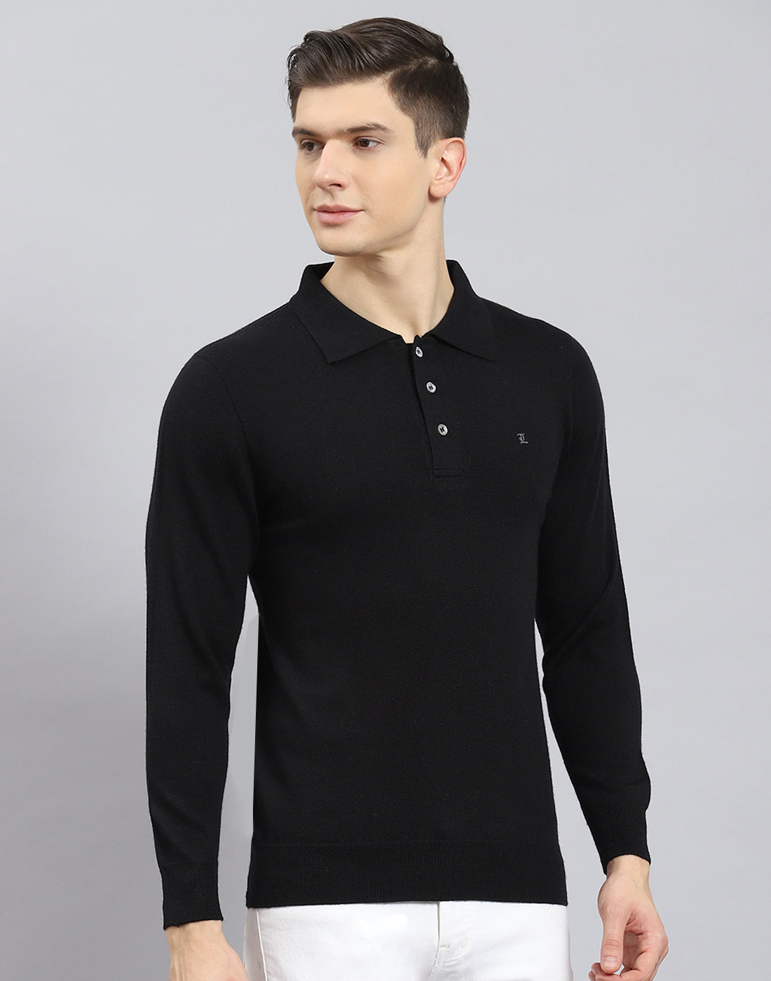 Men Black Solid Polo Collar Full Sleeve T-Shirt