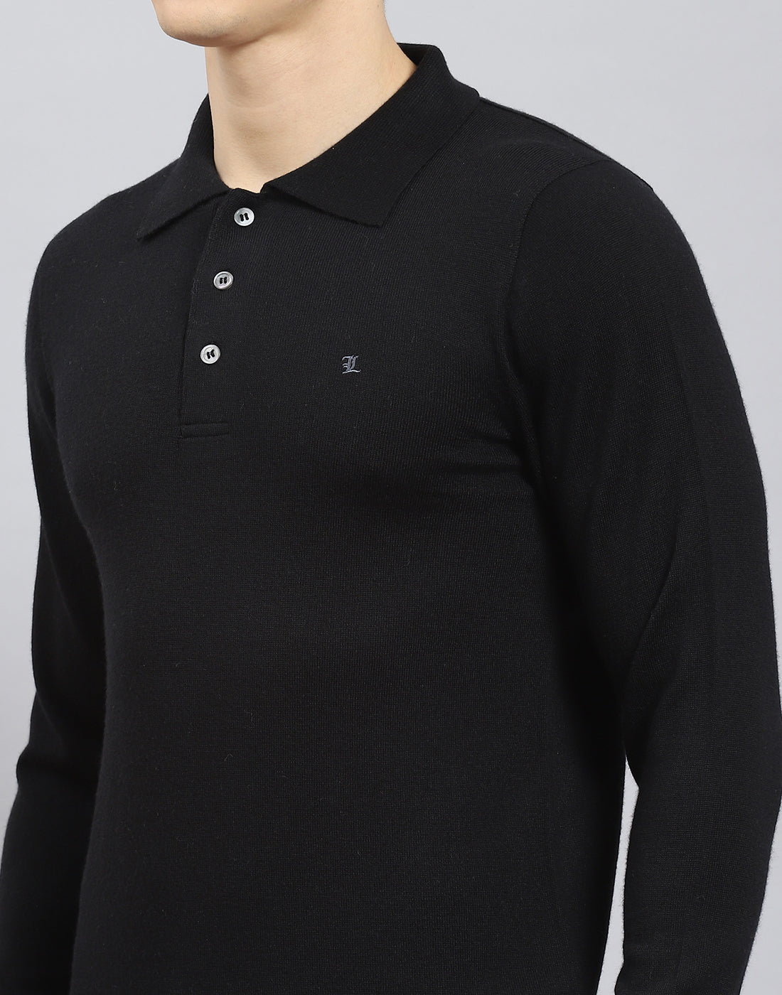 Men Black Solid Polo Collar Full Sleeve T-Shirt