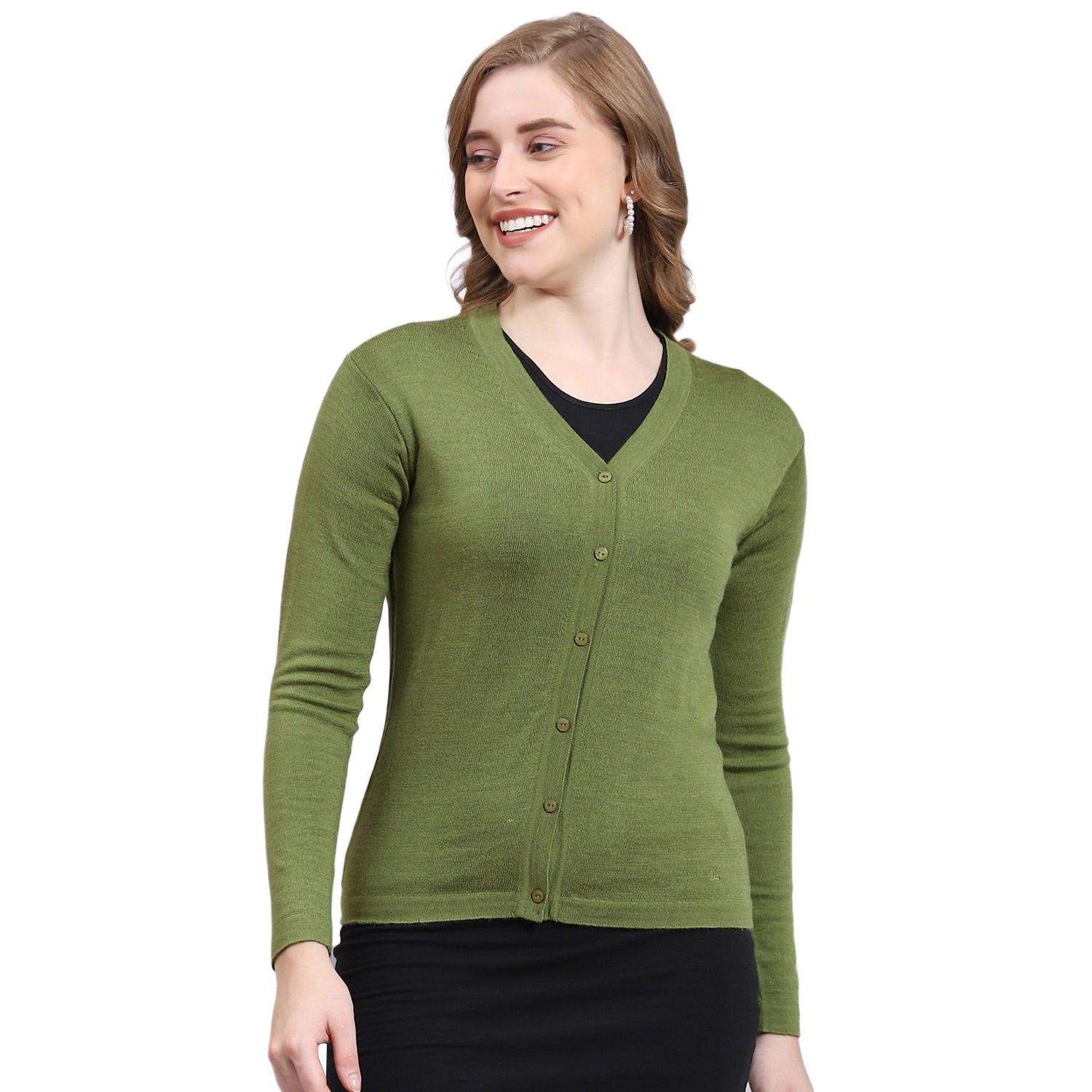 Women Green Solid V Neck Full Sleeve Cardigan