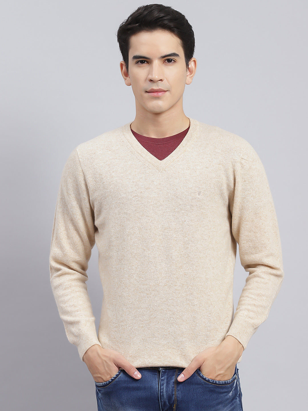 Men Beige Solid Lamb wool Pullover