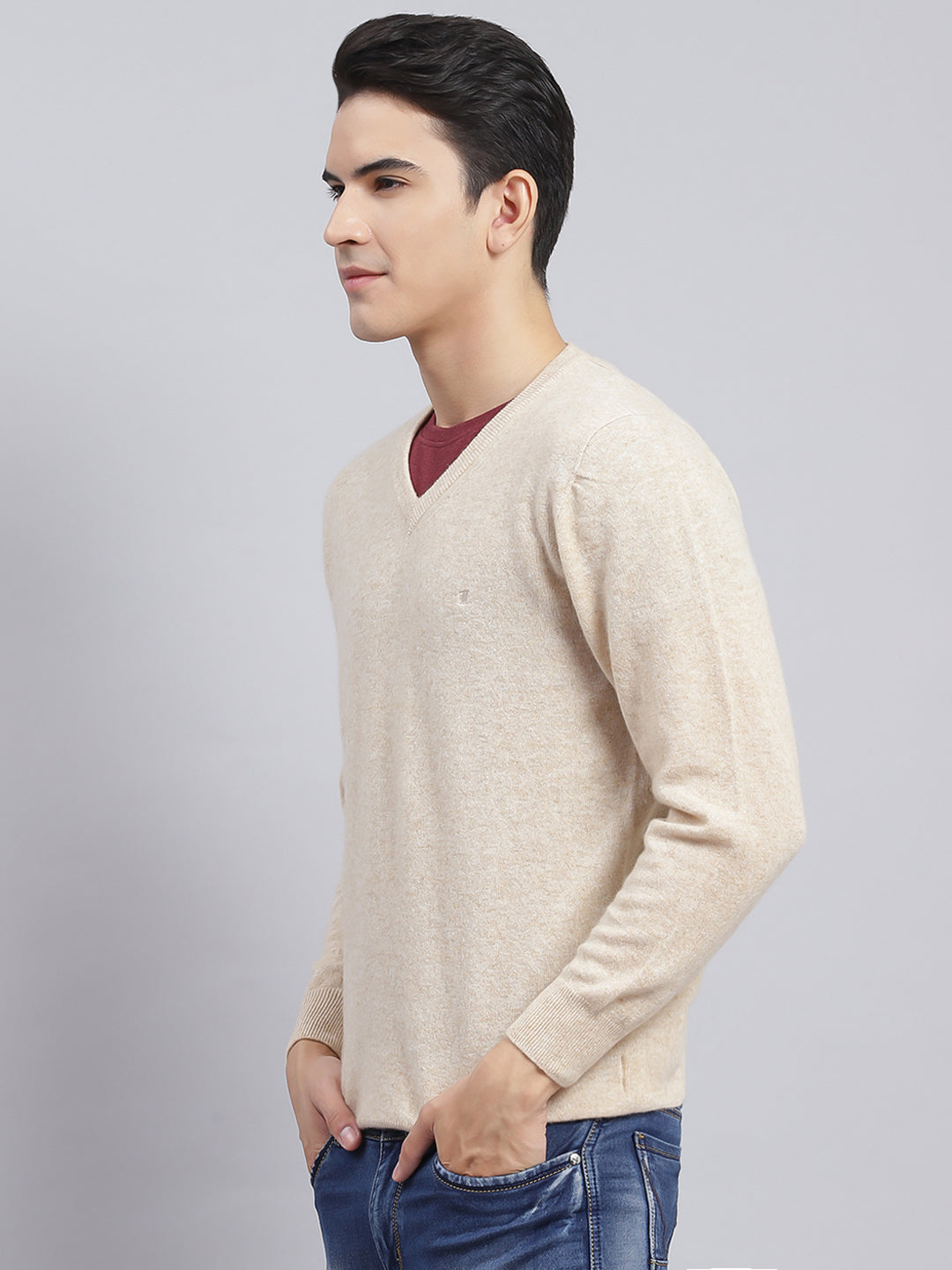 Men Beige Solid Lamb wool Pullover