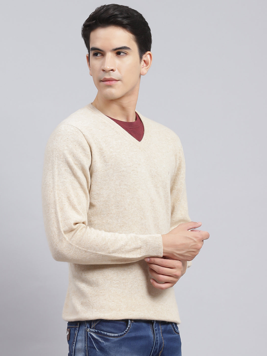 Men Beige Solid Lamb wool Pullover