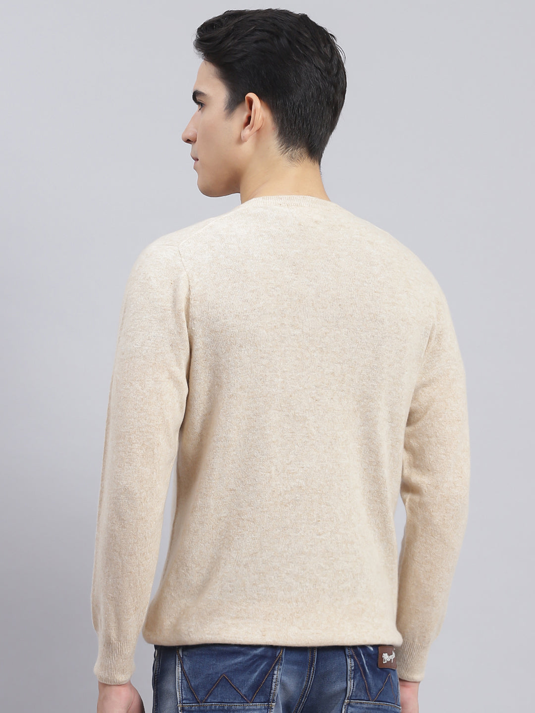 Men Beige Solid Lamb wool Pullover