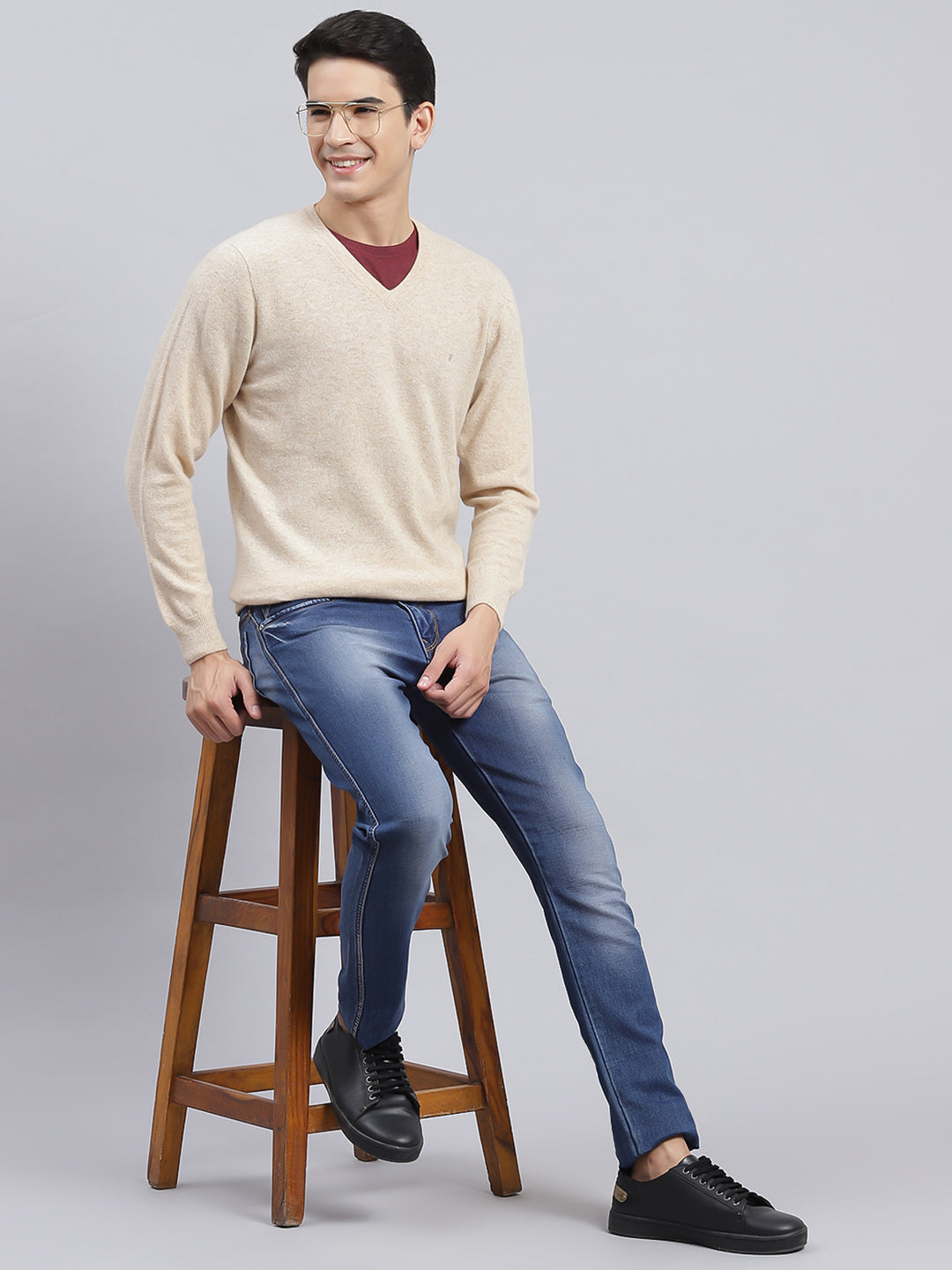 Men Beige Solid Lamb wool Pullover