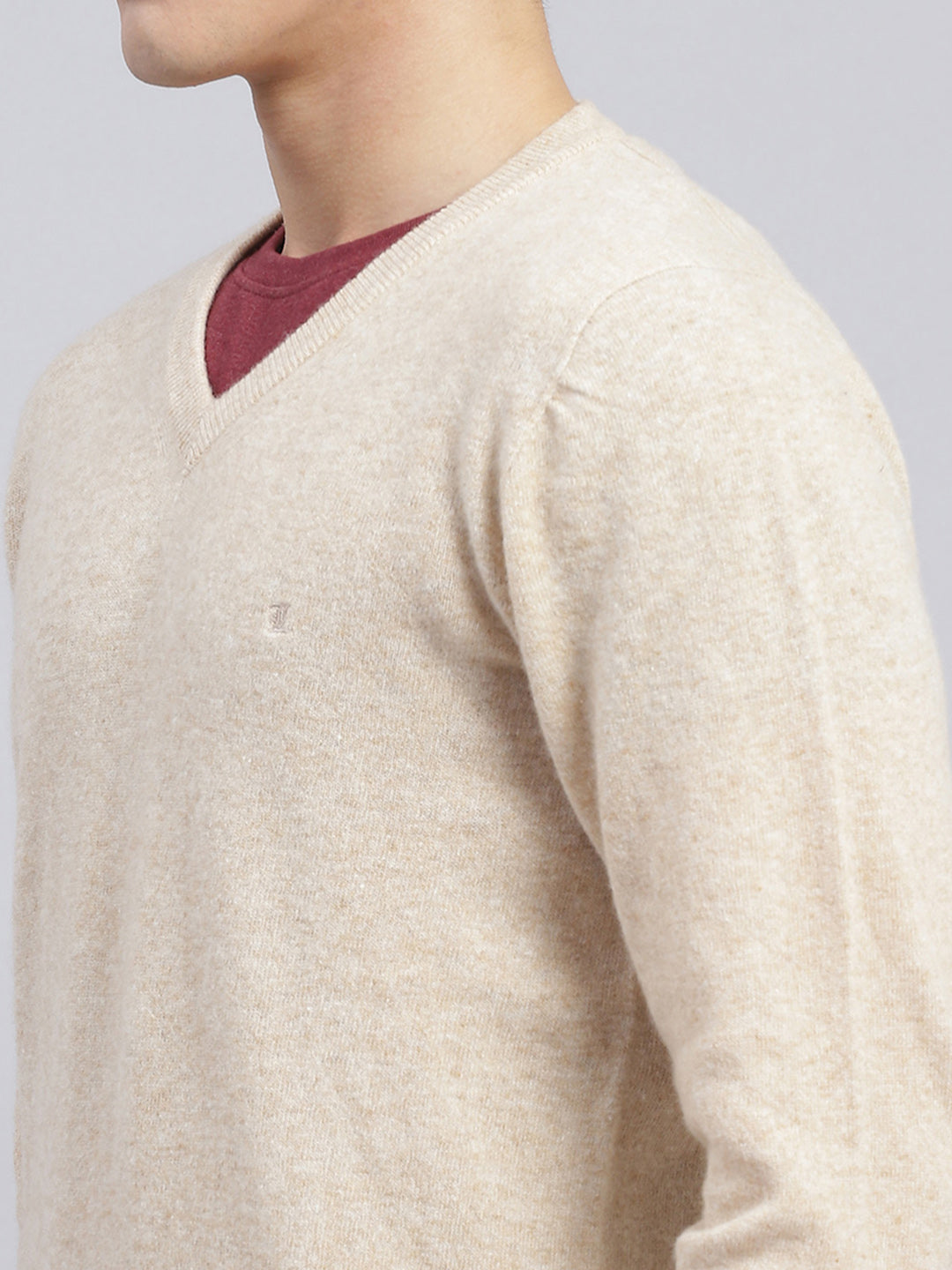 Men Beige Solid Lamb wool Pullover