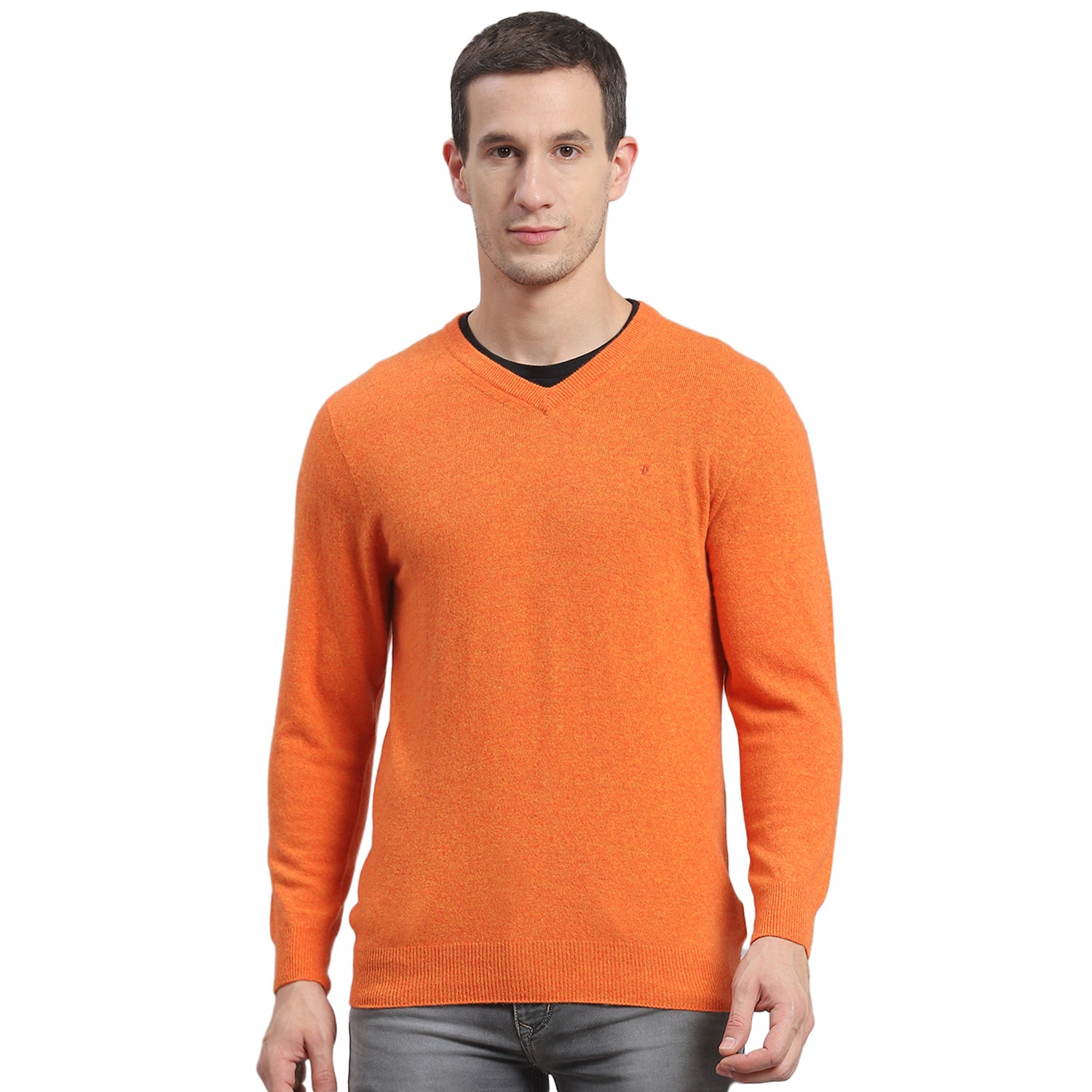 Men Orange Solid V Neck Full Sleeve Sweater