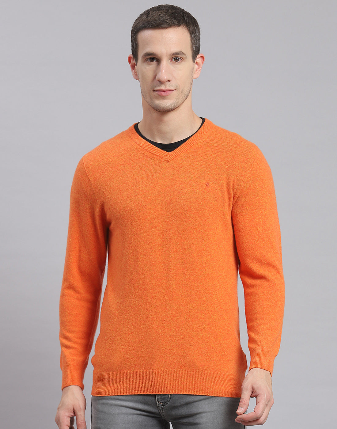 Men Orange Solid V Neck Full Sleeve Sweater