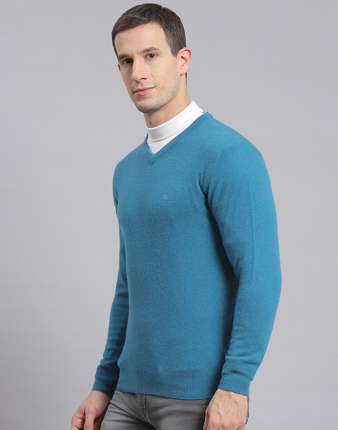 Men Teal Blue Solid V Neck Full Sleeve Sweater