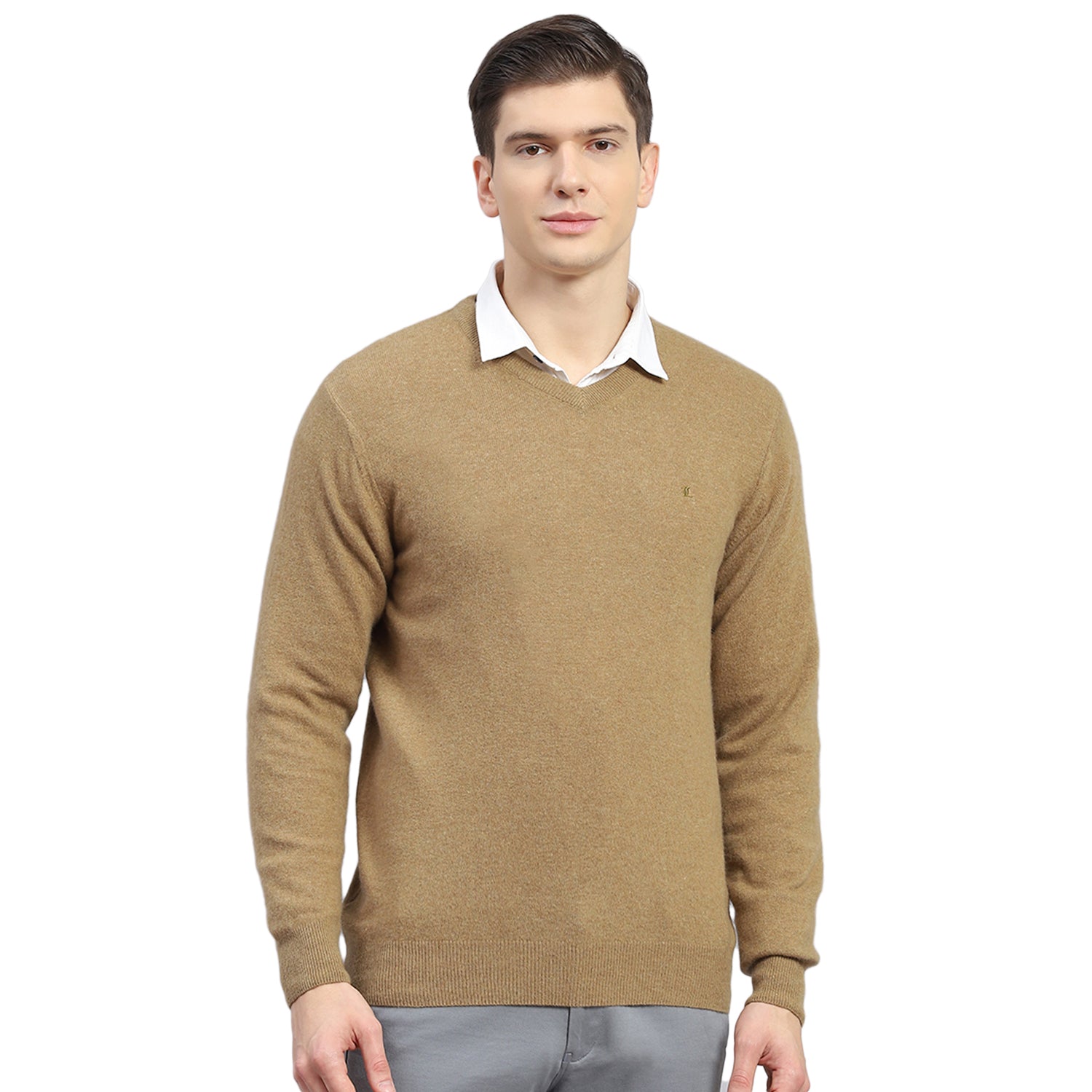 Men Brown Solid V Neck Full Sleeve Sweater