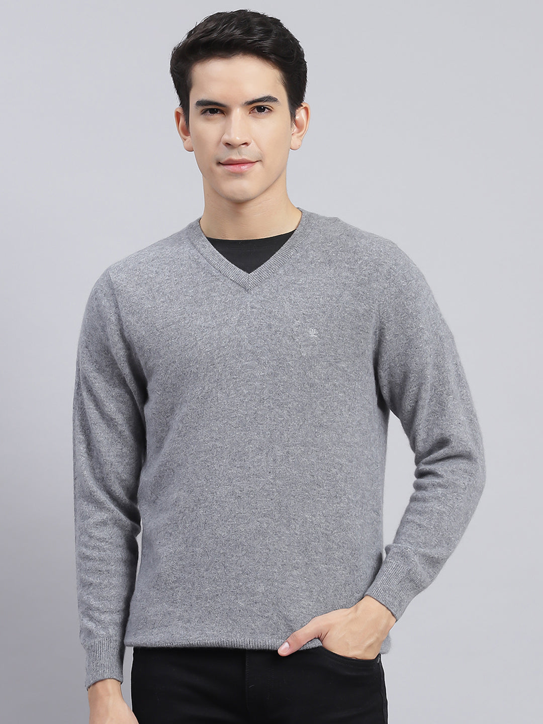 Men Grey Solid Lamb wool Pullover