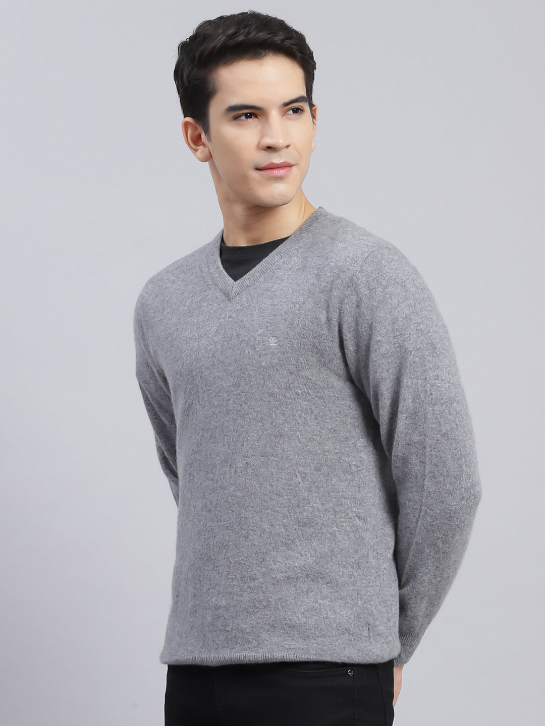 Men Grey Solid Lamb wool Pullover