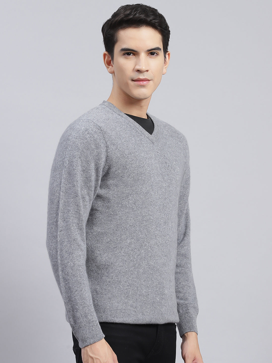 Men Grey Solid Lamb wool Pullover