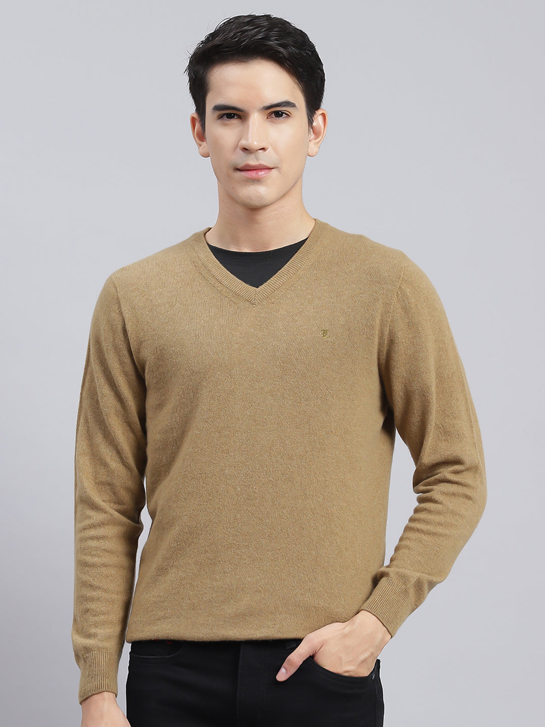 Men Brown Solid Lamb wool Pullover