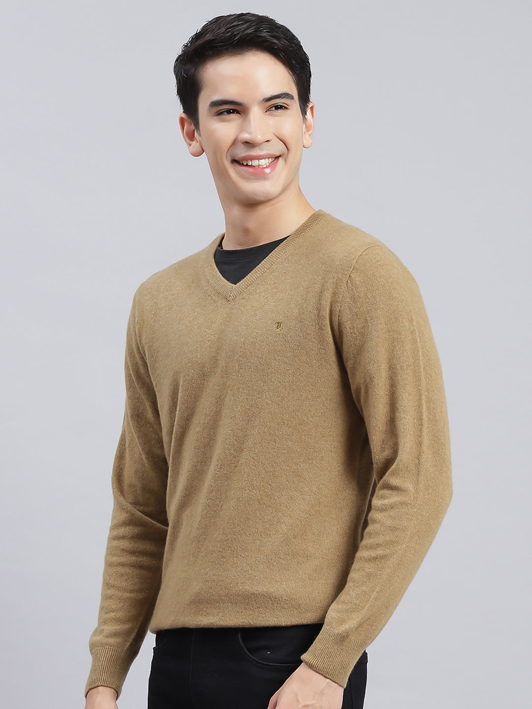 Men Brown Solid Lamb wool Pullover