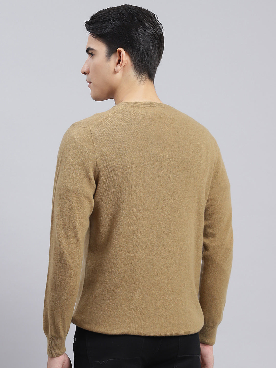 Men Brown Solid Lamb wool Pullover