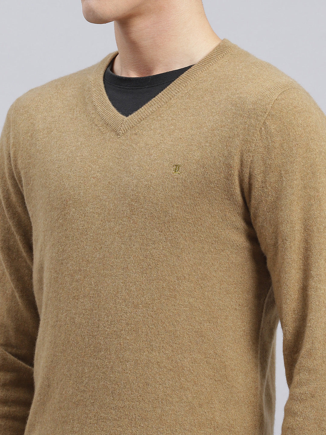 Men Brown Solid Lamb wool Pullover