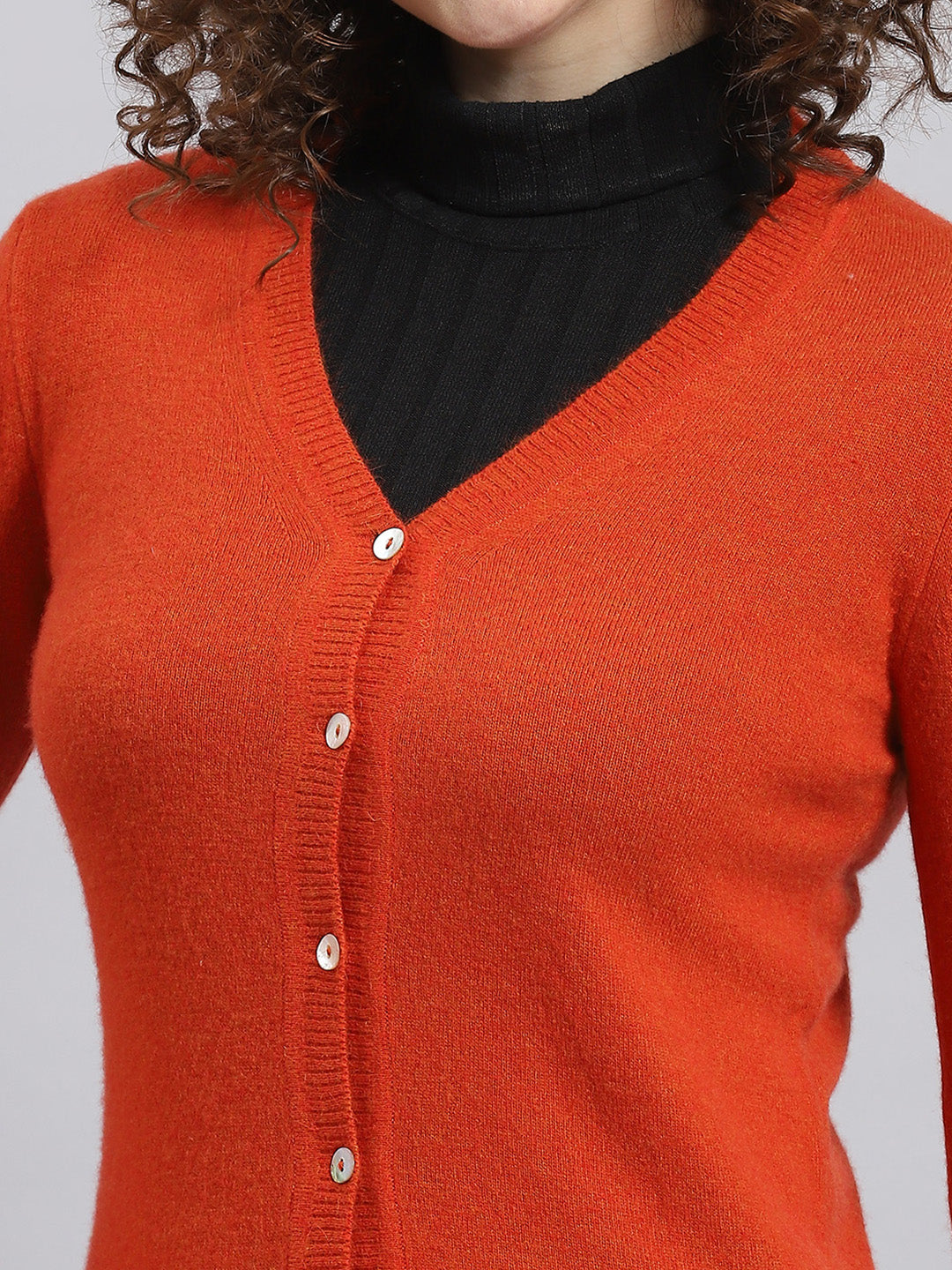 Women Rust Solid V Neck Full Sleeve Cardigan