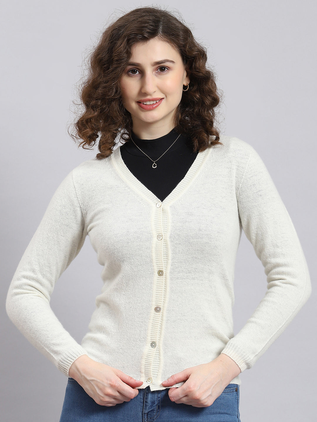 Women White Solid V Neck Full Sleeve Cardigan