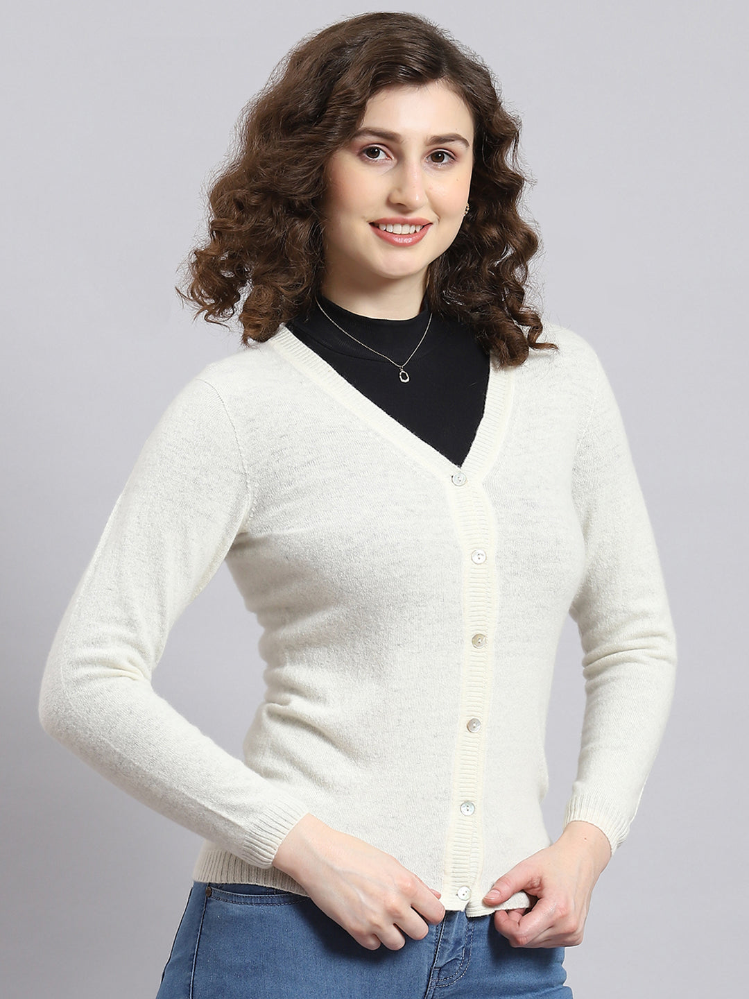 Women White Solid V Neck Full Sleeve Cardigan