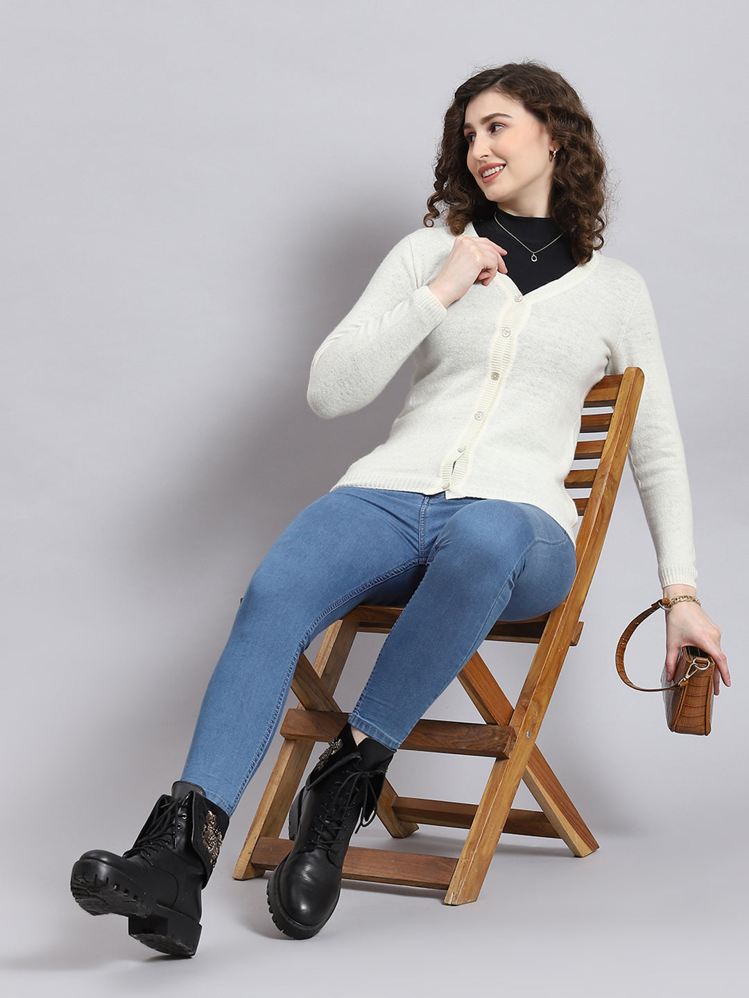 Women White Solid V Neck Full Sleeve Cardigan