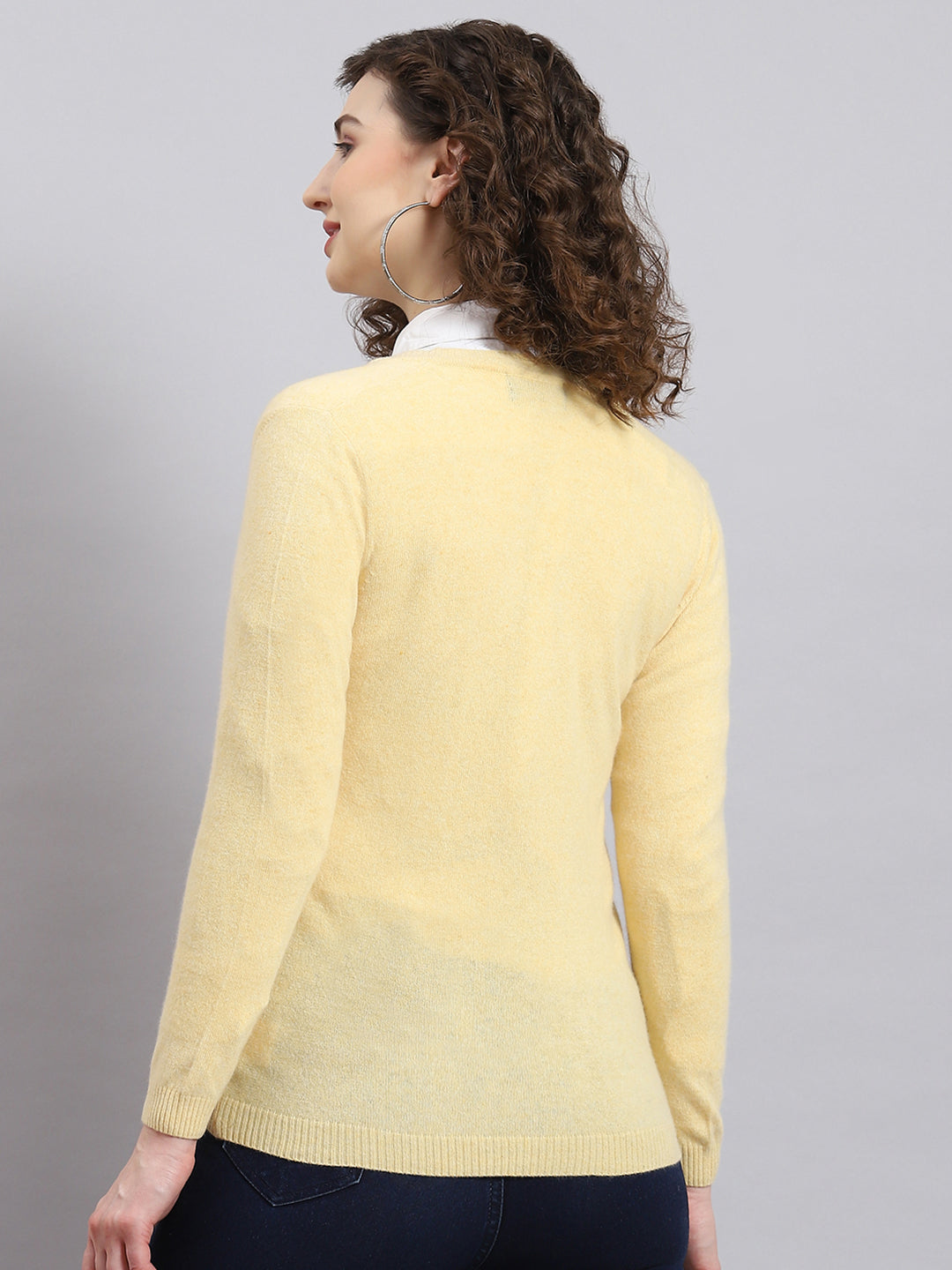 Women Yellow Solid V Neck Full Sleeve Cardigan