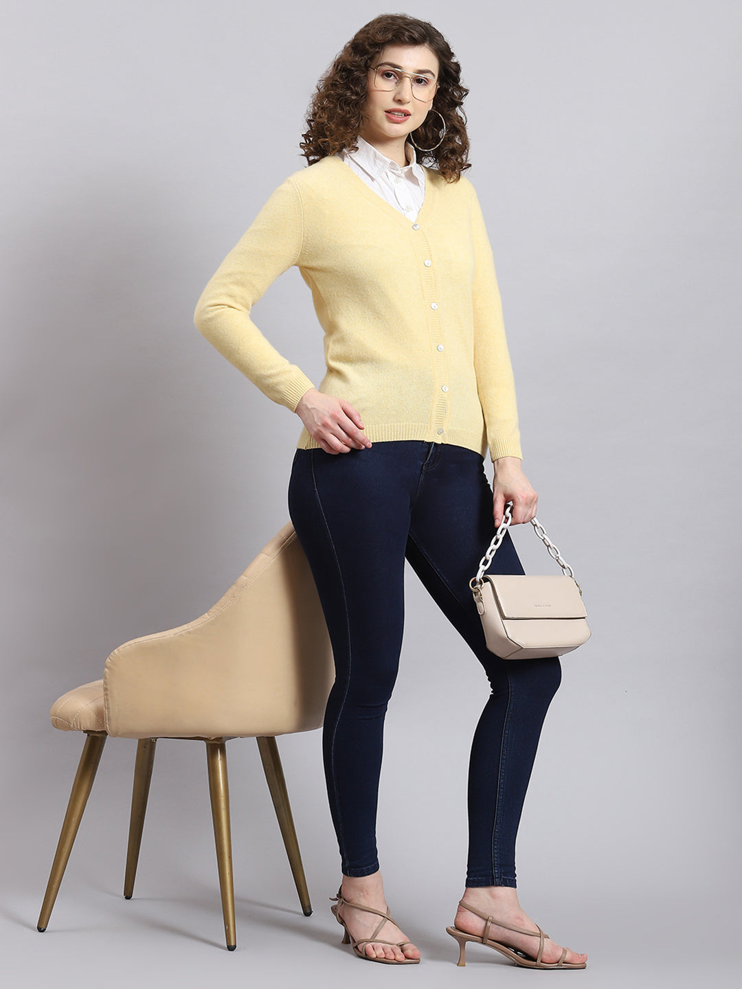 Women Yellow Solid V Neck Full Sleeve Cardigan