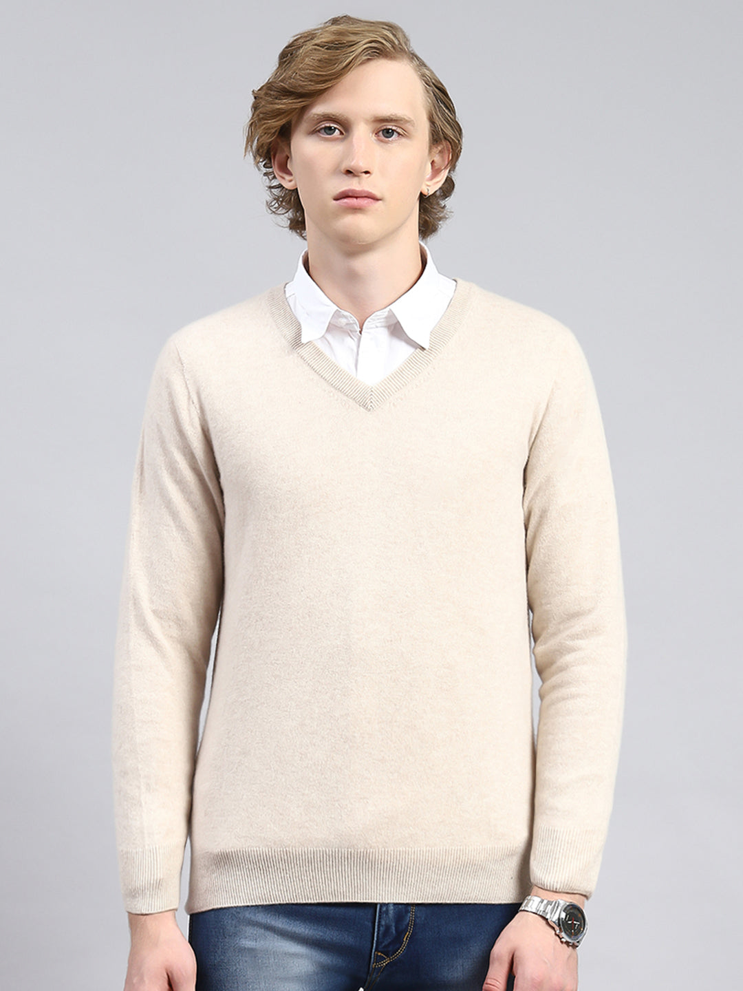 Men Beige Solid Pullover