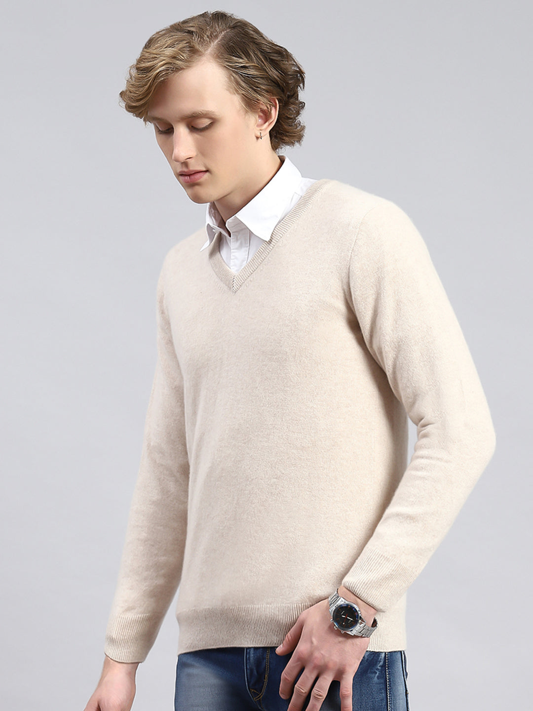 Men Beige Solid Pullover