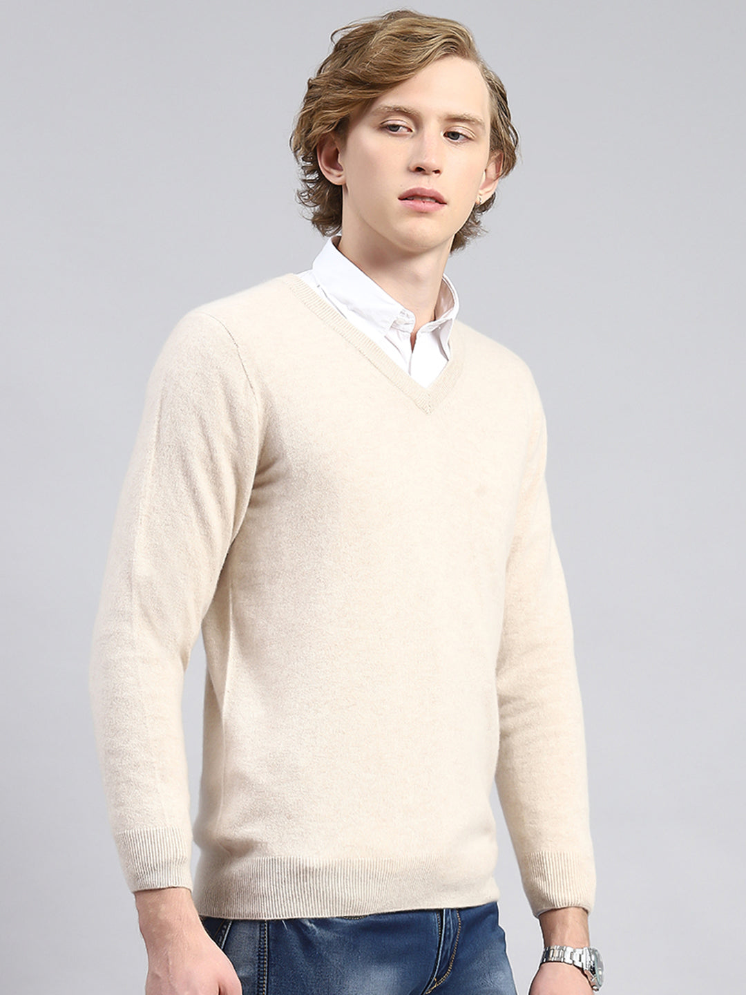 Men Beige Solid Pullover