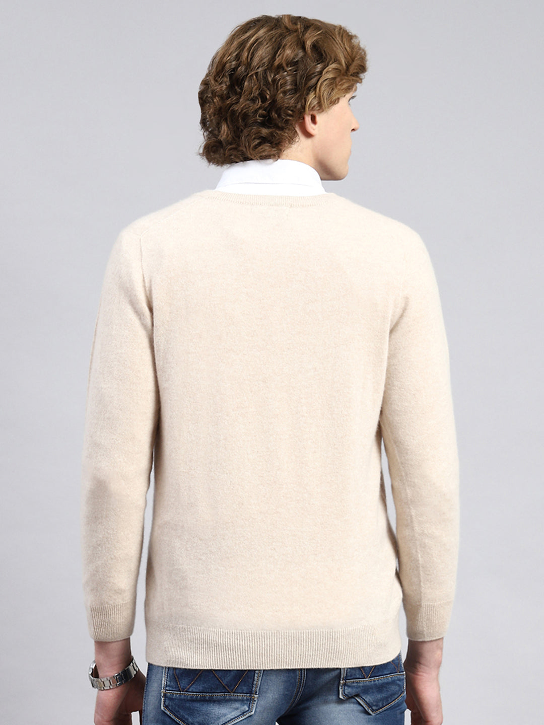 Men Beige Solid Pullover