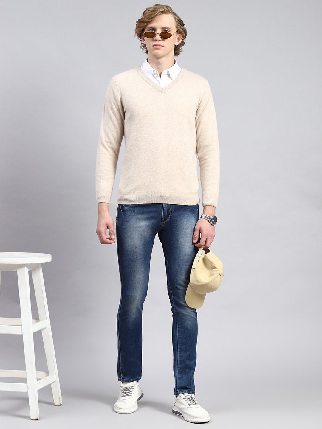 Men Beige Solid Pullover