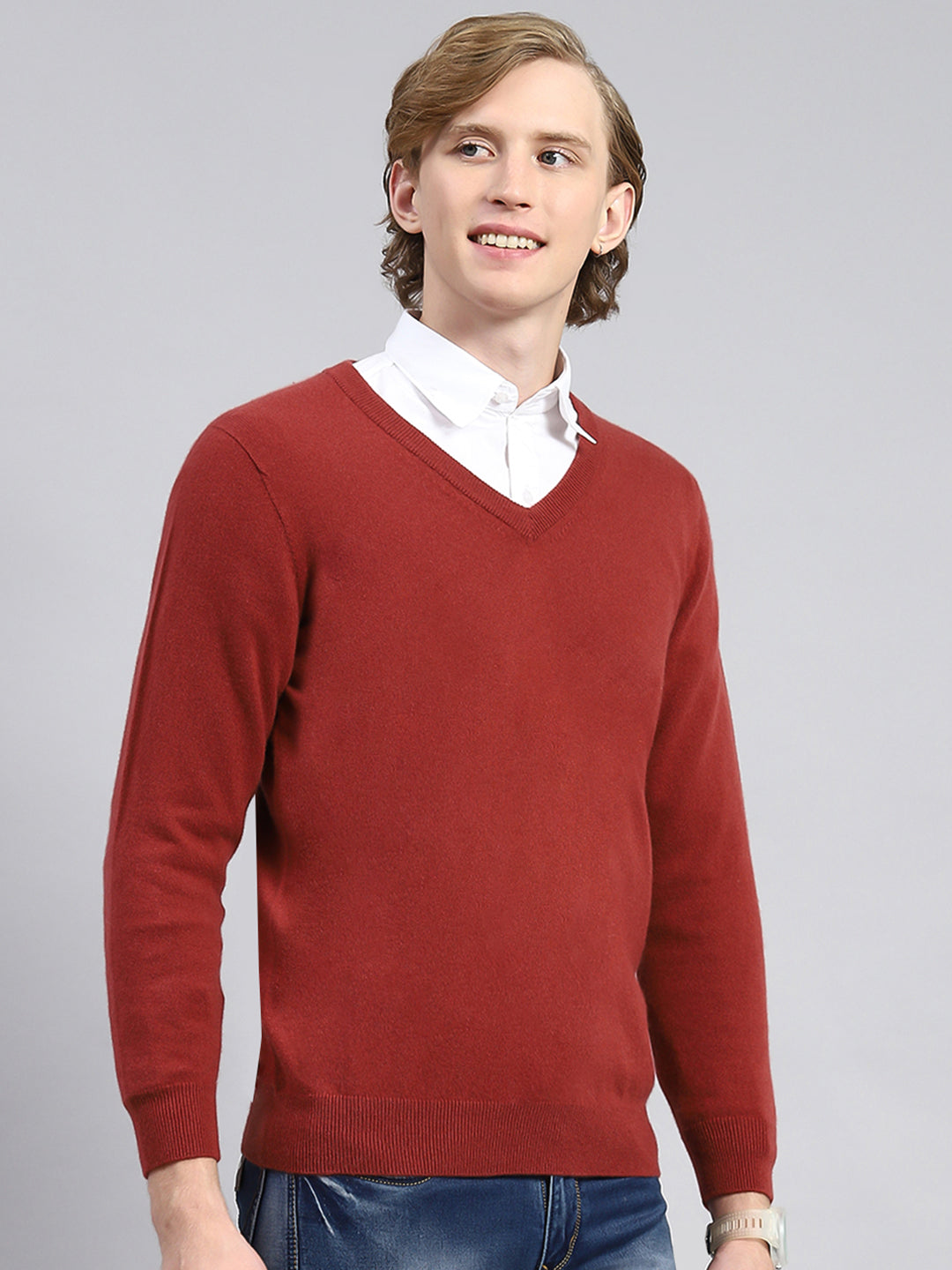 Men Red Solid Pullover