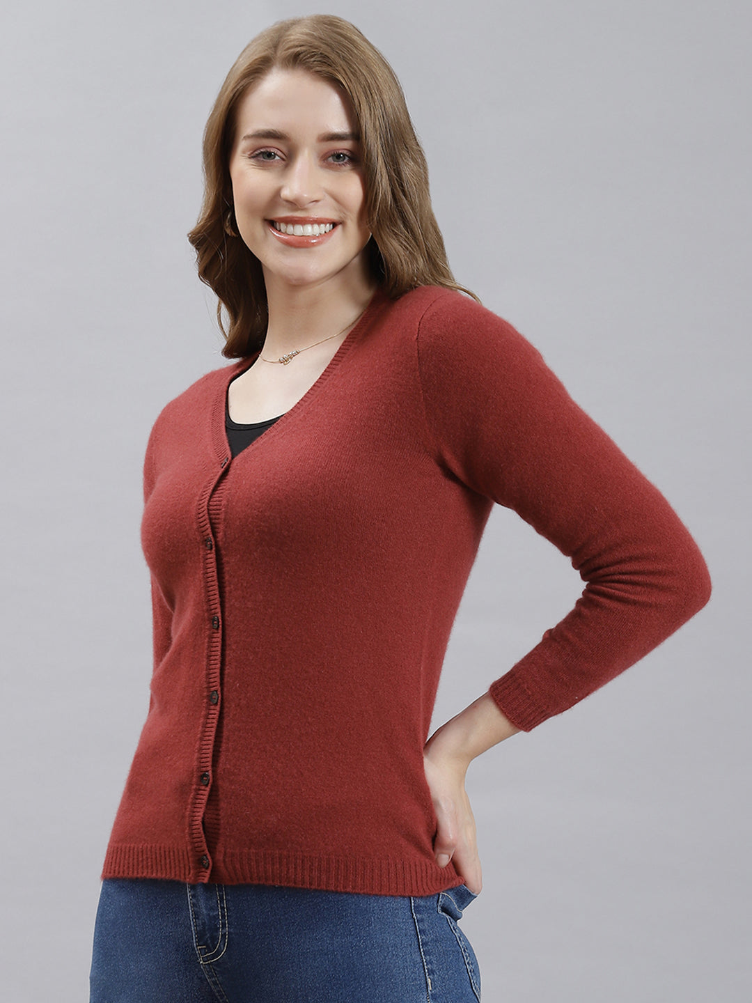 Women Red Solid Cardigan