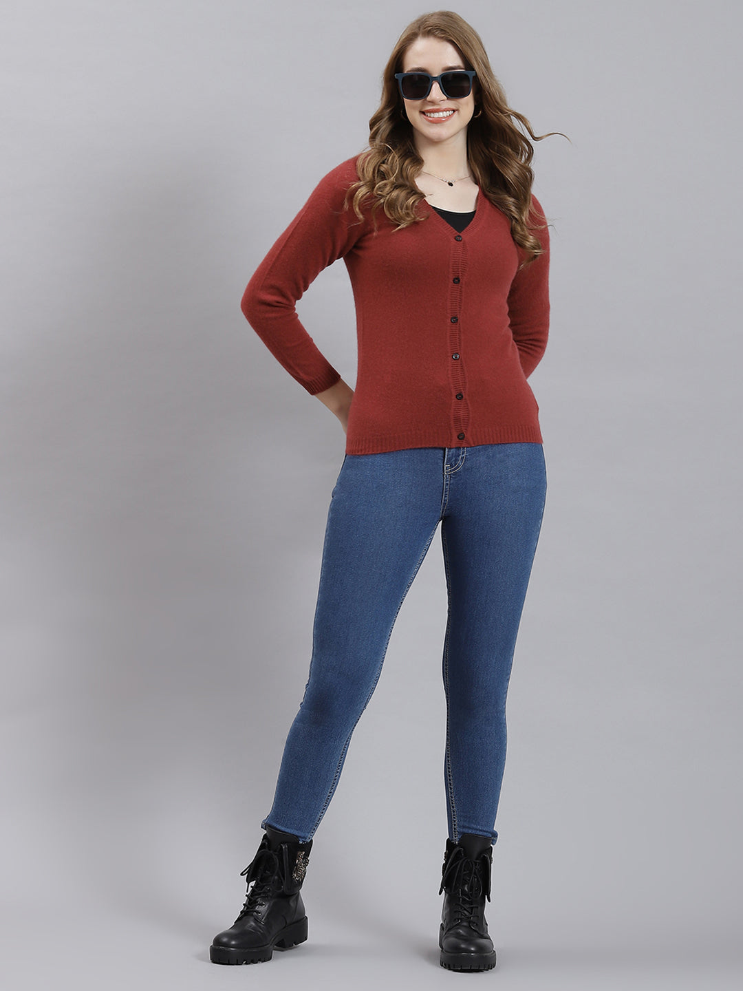 Women Red Solid Cardigan