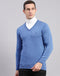 Men Blue Solid V Neck Full Sleeve Sweaters/Pullovers