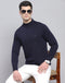 Men Navy Blue Solid T Neck Full Sleeve Pullover