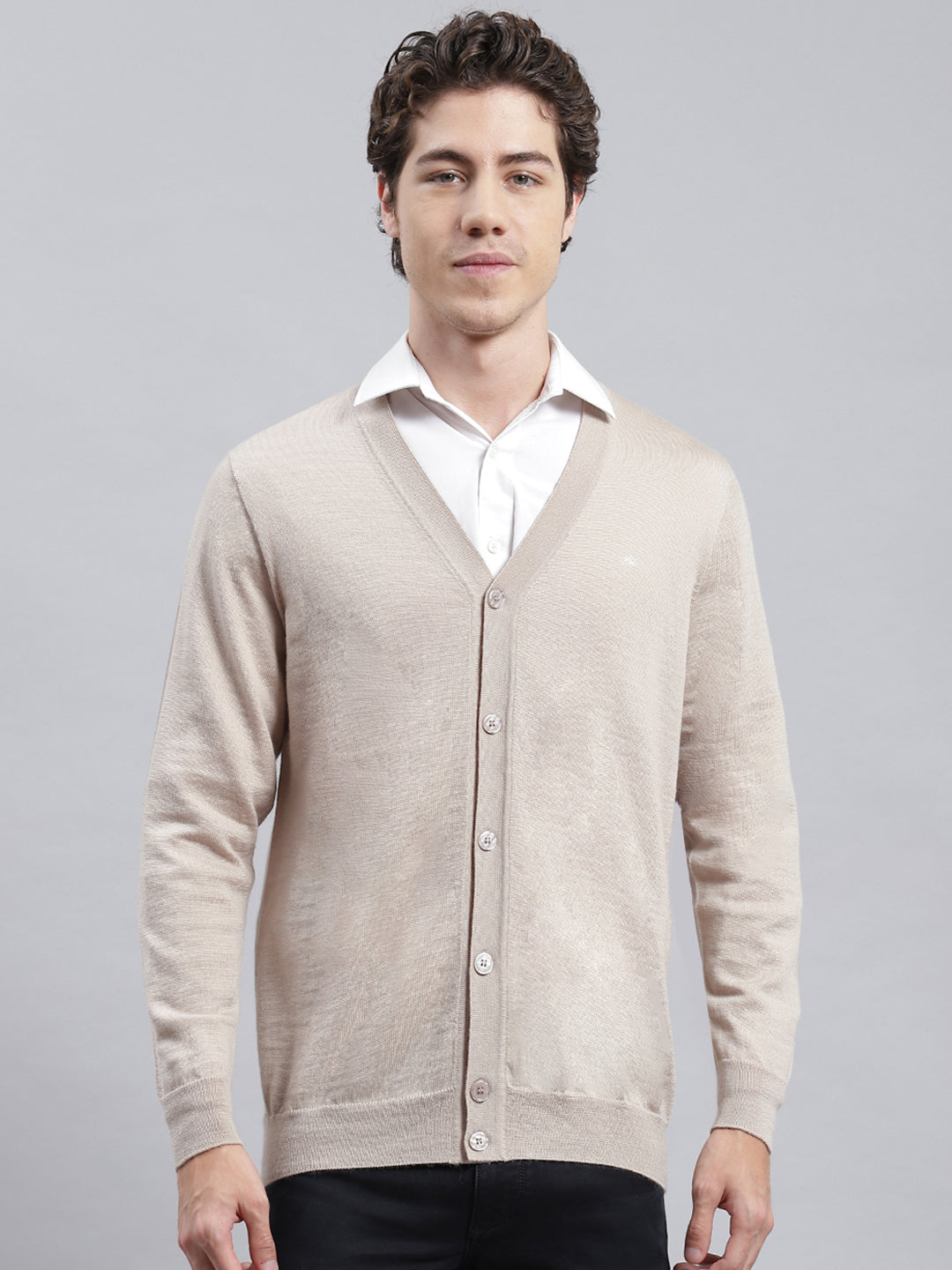 Men Beige Solid Cardigan