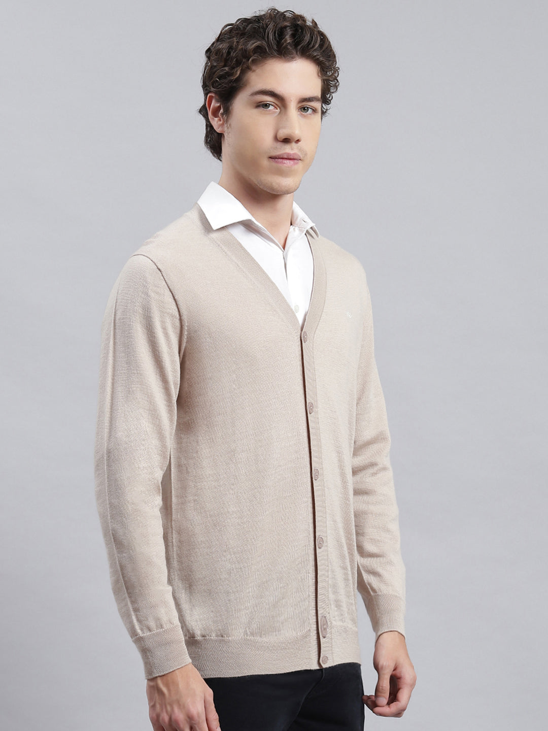 Men Beige Solid Cardigan