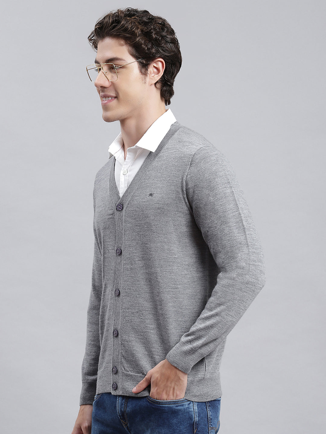 Men Grey Solid Cardigan