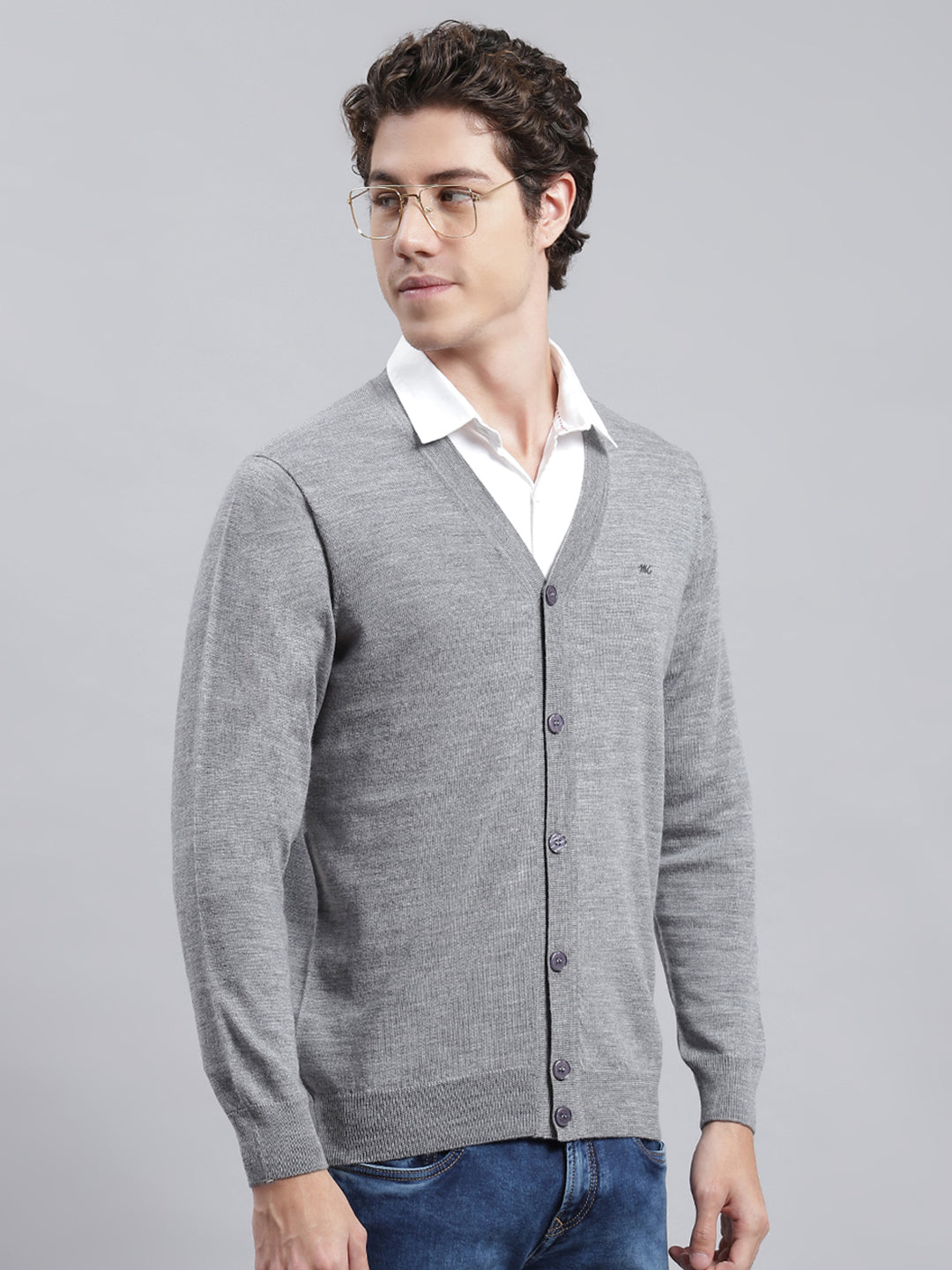 Men Grey Solid Cardigan