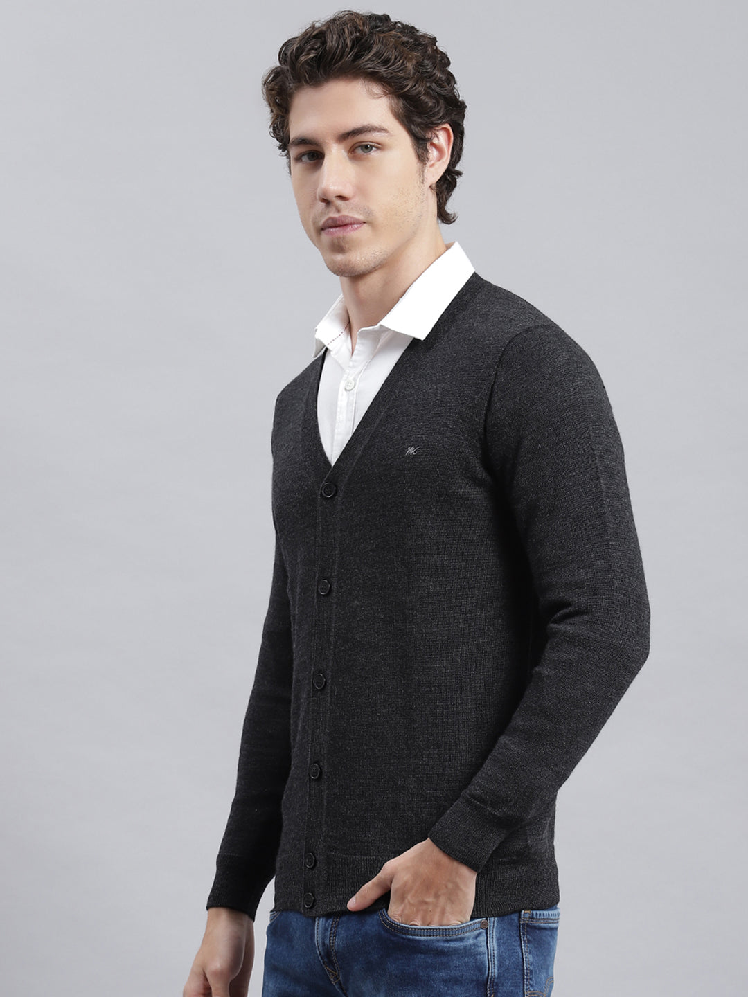 Men Grey Solid Cardigan