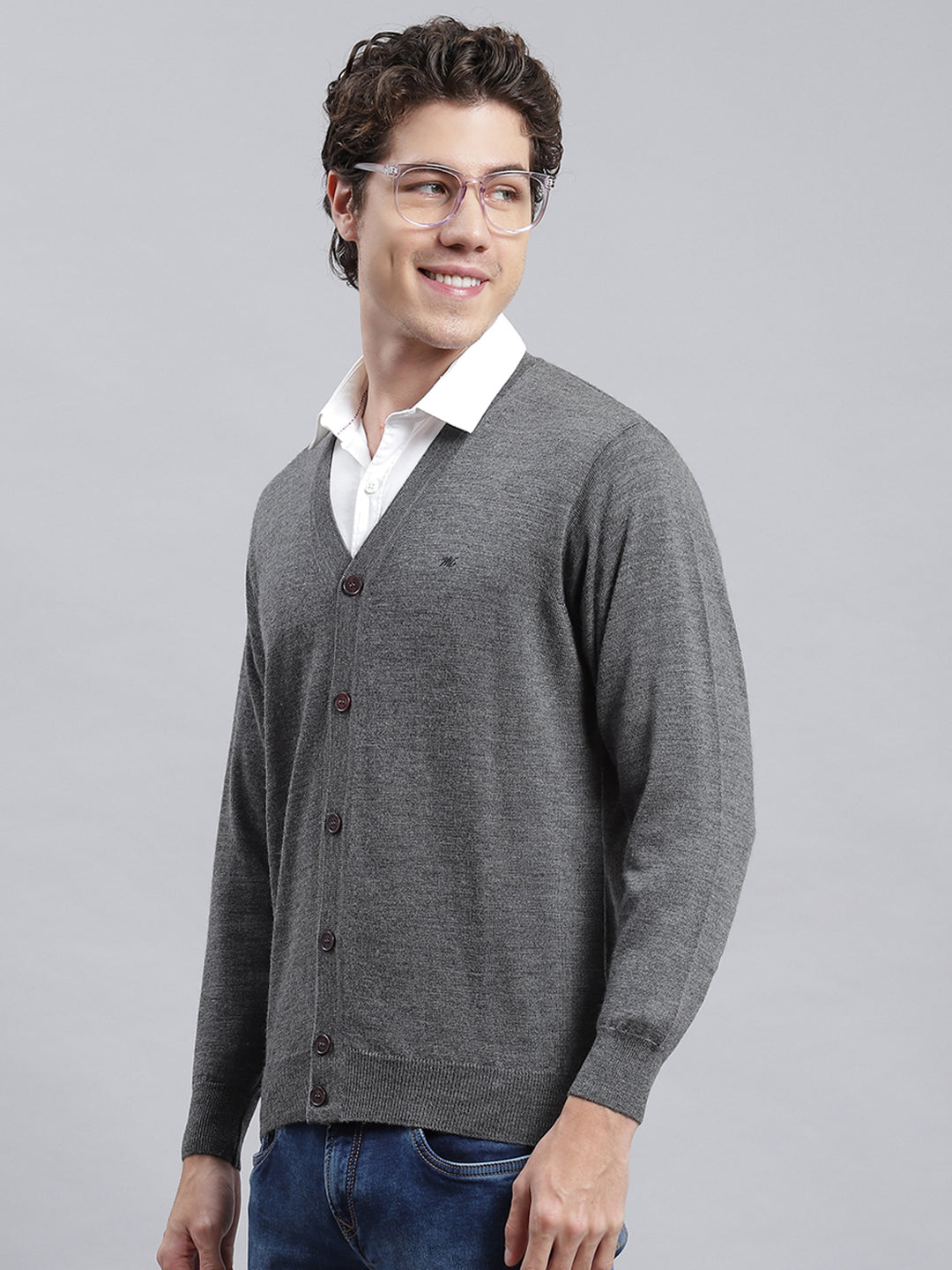 Men Grey Solid Cardigan