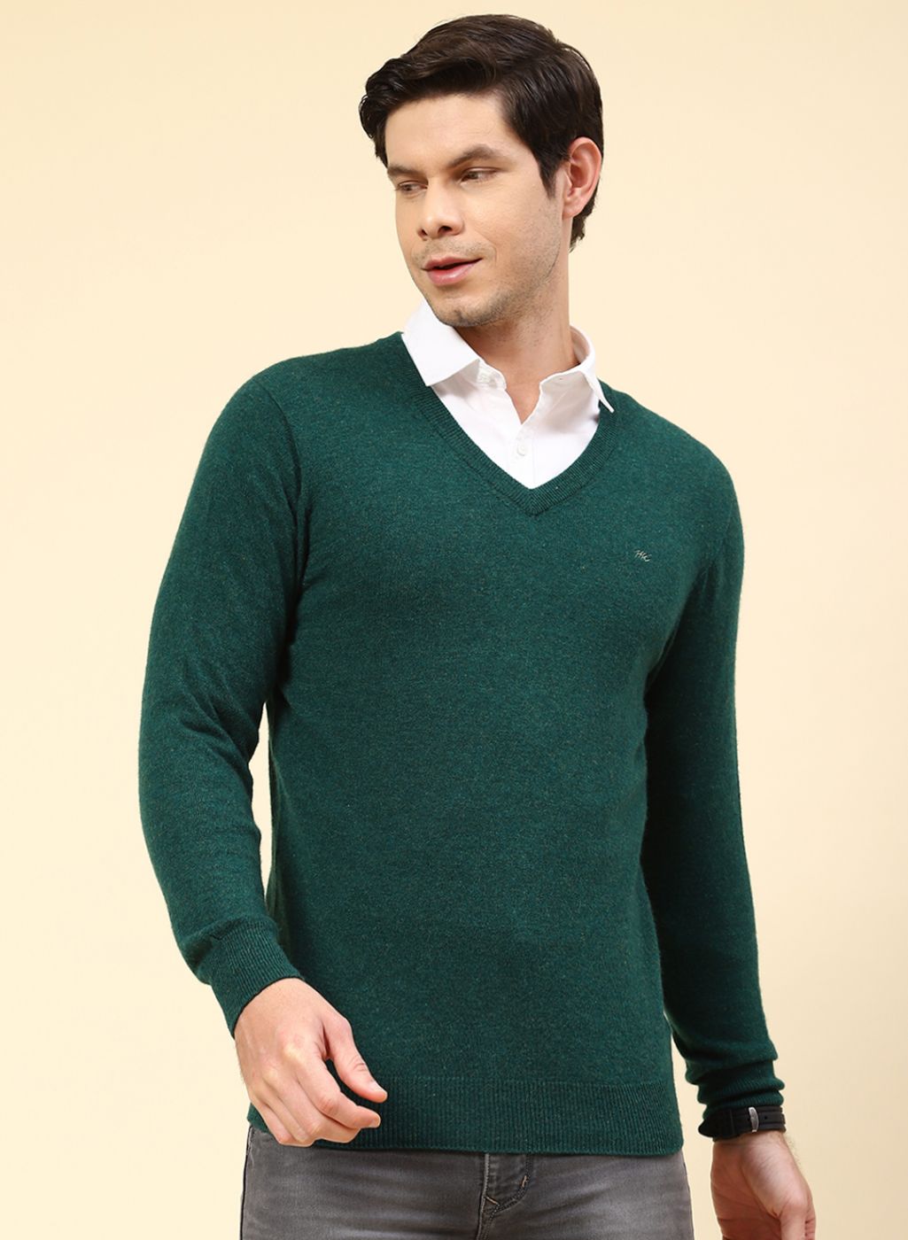 Men Green Solid Lamb wool Pullover